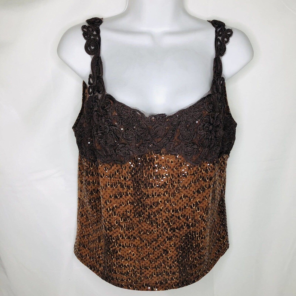 MaxiMa USA Women's Knit Crochet Bodice Overlay Brown Rhinestone Top Cami Medium